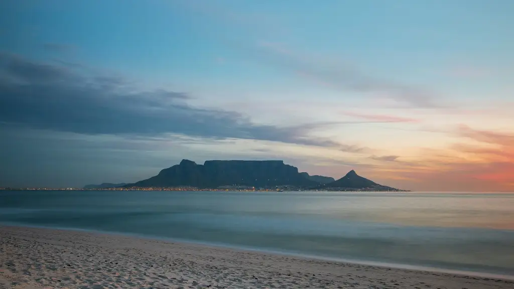 Table Mountain viewed from a beach during sunset with a calm sea in the foreground.